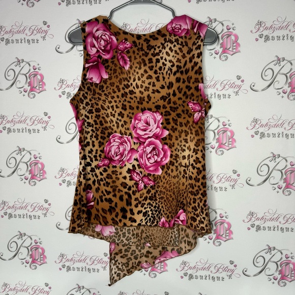Cocomo tank top cheetah print floral flowers brown black pink fairy top hem - Picture 4 of 7